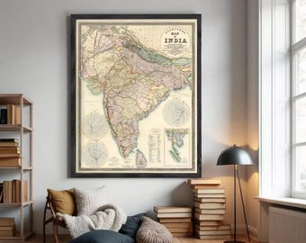Impresión de mapa vintage de la India / Arte mural de Asia de 1859