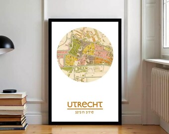 Impression artistique du plan de la ville d'Utrecht : affiche de voyage aux Pays-Bas
