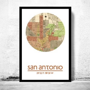 Impression d'affiche de carte de la ville de SAN ANTONIO, impressions de voyage, cadeau de pendaison de crémaillère, cadeaux pour lui, décoration d'art mural de salon, art mural d'affiche de ville