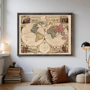May include: A framed antique map of the world, featuring detailed cartography and illustrations. The map is in a dark wooden frame and displays continents in various colors. The text "A New Mapp of the World" is visible at the top.