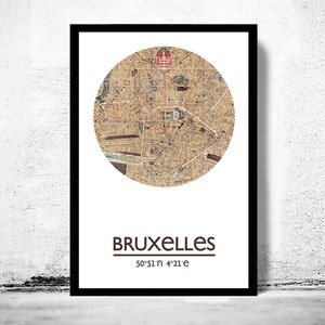 Impression d'affiche de plan de la ville de BRUXELLES BRUXELLES, impressions de voyage, cadeau de pendaison de crémaillère, cadeaux pour lui, décoration d'art mural de salon, art mural affiche de la ville