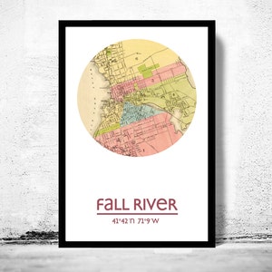FALL RIVER Stadt Karte Poster Druck, Reise-Drucke, Housewarming Geschenk, Geschenke für ihn, Wohnzimmer Wand Kunst-Dekor, Stadt Poster Wand Kunst