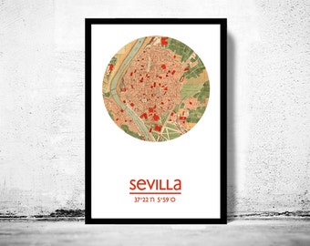 SEVILLA City Map Poster Print, Travel Prints, Housewarming gift, New Home gift, Living room wall art decor, City Poster Wall Art