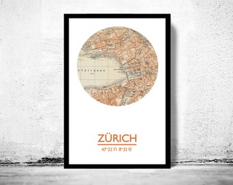 ZÜRICH City Map Poster Print, Travel Prints, Housewarming gift, New Home gift, Living room wall art decor, City Poster Wall Art