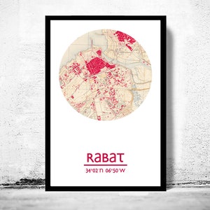 Impression d'affiche de carte de la ville de RABAT, impressions de voyage, cadeau de pendaison de crémaillère, cadeaux pour lui, décoration d'art mural de salon, art mural d'affiche de ville