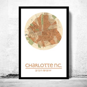 CHARLOTTE NC City Map Poster Print, Impresiones de viajes, Regalo de inauguración de la casa, regalos para él, Decoración de arte de la pared de la sala de estar, Arte de la pared del cartel de la ciudad