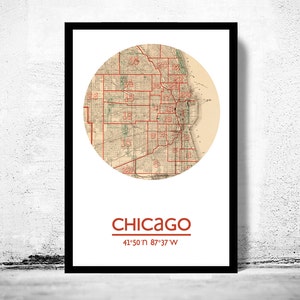 Impression d'affiche de carte de la ville de CHICAGO, impressions de voyage, cadeau de pendaison de crémaillère, cadeaux pour lui, décoration d'art mural de salon, art mural d'affiche de ville