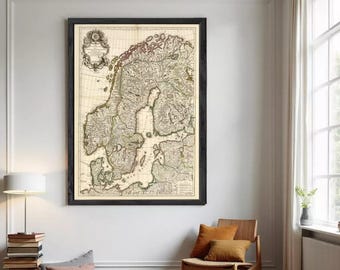 Mapa de Suecia y Noruega de 1706 / Impresión de arte mural vintage