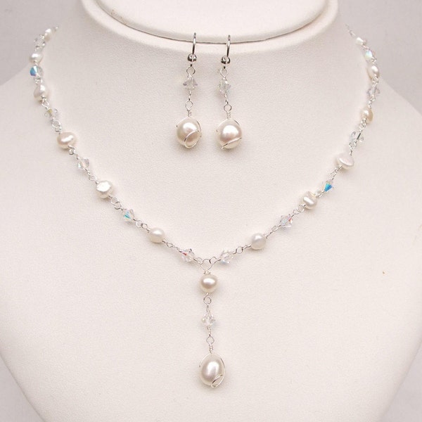 Pearl Wedding jewelry set Freshwater pearl and crystal bridal jewellery real pearl drop necklace & earrings wirework handmade wedding gift