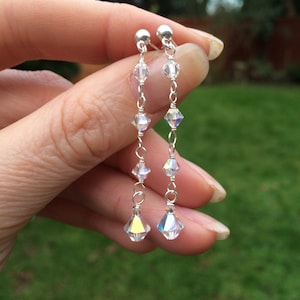 AB CRYSTAL bridal earrings Sterling Silver or Gold Fill long clear or AB crystal bridal drop earrings sparkly prom wedding jewellery gift