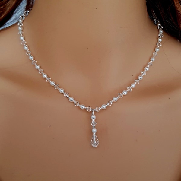 Clear crystal and pearl drop necklace dainty white pearl and AB or clear crystal Wedding necklace dainty Wedding jewelry Preciosa  jewellery