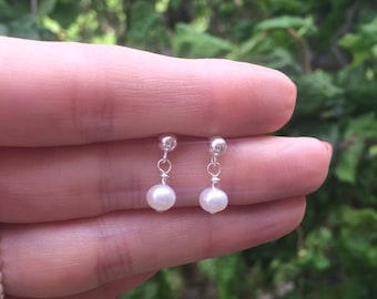 Tiny Freshwater pearl drop earrings Sterling Silver stud small pearl bridal earring pearl bridesmaid earring simple pearl wedding jewellery
