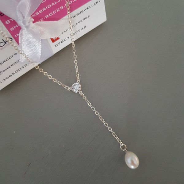 Sterling Silver Freshwater Pearl drop lariat Necklace real teardrop pearl and CZ diamond necklace Pearl Y necklace dainty wedding jewelry