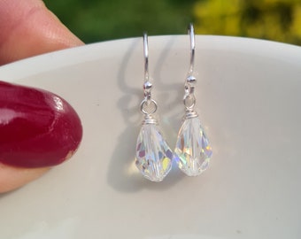 TINY Crystal teardrop earrings Sterling Silver small AB or clear crystal drop earrings simple bridal earrings bridesmaid jewellery gift