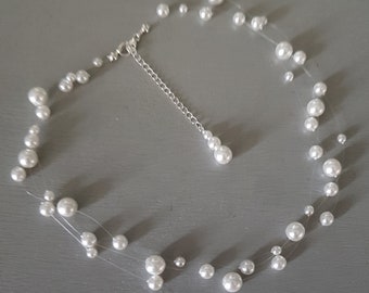Pearl illusion bridal necklace backdrop floating pearl necklace white Pearl bridal necklace choker bridesmaid gift Wedding Jewelry jewellery