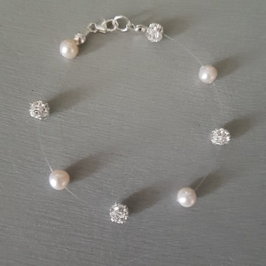 Freshwater Pearl and diamante bridal bracelet pearl crystal ball illusion bracelet, Sterling Silver dainty floating pearl bridesmaid jewelry