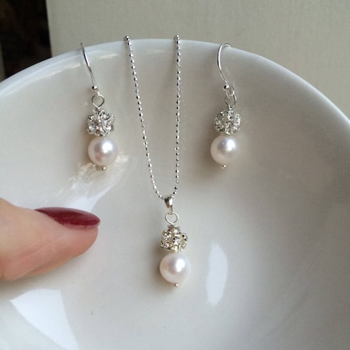 Pearl and Diamante Wedding Jewellery Set Sterling Silver Etsy UK