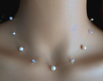 Freshwater pearl and crystal illusion necklace choker wedding necklace simple bridal necklace real pearl choker bridesmaid jewellery gift