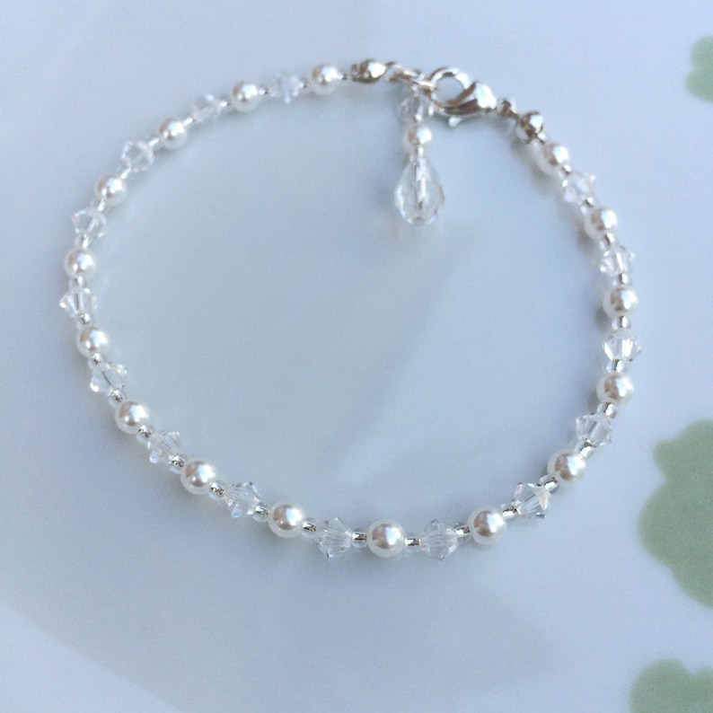 Crystal and pearl wedding bracelet Silver dainty clear or AB crystal and pearl bridal bracelet Preciosa wedding jewellery bridesmaid gift image 5