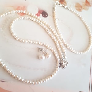 Tiny PEARL BRIDAL JEWELLERY set Sterling Silver 3mm white Freshwater pearl wedding jewellery set necklace bracelet and earrings wedding gift
