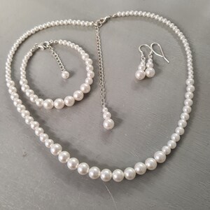 Pearl bridal jewelry set Sterling Silver Classic pearl wedding jewellery set white pearl necklace bracelet & earrings bridesmaids gift image 4