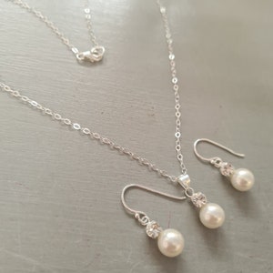 Pearl and diamante wedding jewellery set Sterling Silver pearl & rhinestone pendant bridal jewelry set necklace earrings bridesmaid gift image 4