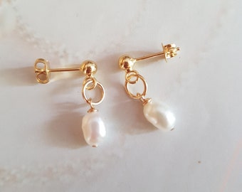 Tiny Baroque Freshwater pearl earrings 14k Gold Fill or Sterling Silver studs small white  pearl drop earrings simple pearl wedding jewelry