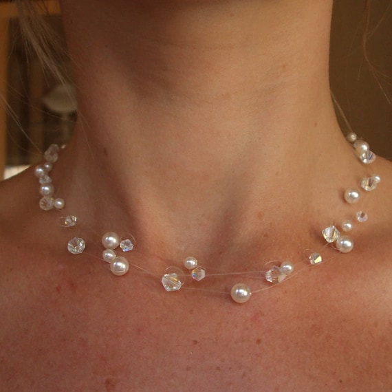 Crystal and Pearl Illusion Bridal Necklace AB Crystal and Pearl Necklace 3 Strand Wedding Necklace Illusion Jewelry Wedding Jewellery Gift Etsy