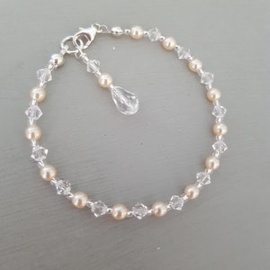 Crystal and pearl wedding bracelet Silver dainty clear or AB crystal and pearl bridal bracelet Preciosa wedding jewellery bridesmaid gift Clear and cream