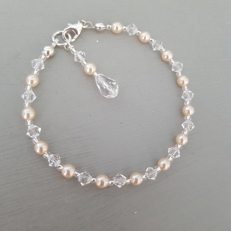 Crystal and pearl wedding bracelet Silver dainty clear or AB crystal and pearl bridal bracelet Preciosa wedding jewellery bridesmaid gift Clear and cream