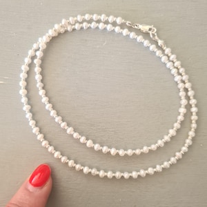 Tiny Freshwater seed pearl necklace choker Sterling Silver or Gold real 3mm white seed pearl necklace 3rd wedding anniversary jewelry gift