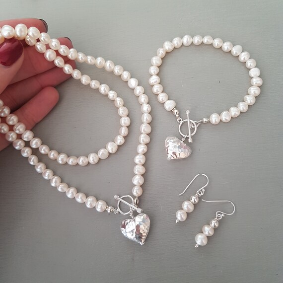 White Freshwater Pearl Jewellery Set Sterling Silver Hammered