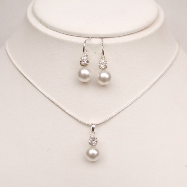 Pearl and diamante wedding jewellery set Sterling Silver pearl & rhinestone pendant bridal jewelry set necklace earrings bridesmaid gift