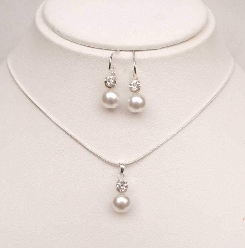 Pearl and diamante wedding jewellery set Sterling Silver pearl & rhinestone pendant bridal jewelry set necklace earrings bridesmaid gift image 1