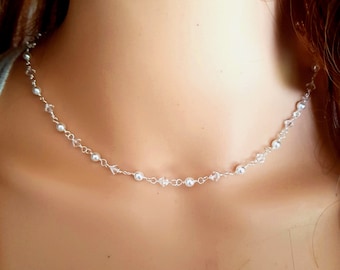 Tiny crystal and pearl necklace choker dainty clear or AB crystal necklace simple wire wrapped wedding jewelry bridesmaid jewellery gift