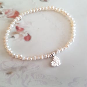 Tiny Freshwater pearl stretch bracelet Sterling Silver or Gold heart small 3mm pearl bridal bracelet real seed pearl wedding jewellery gift