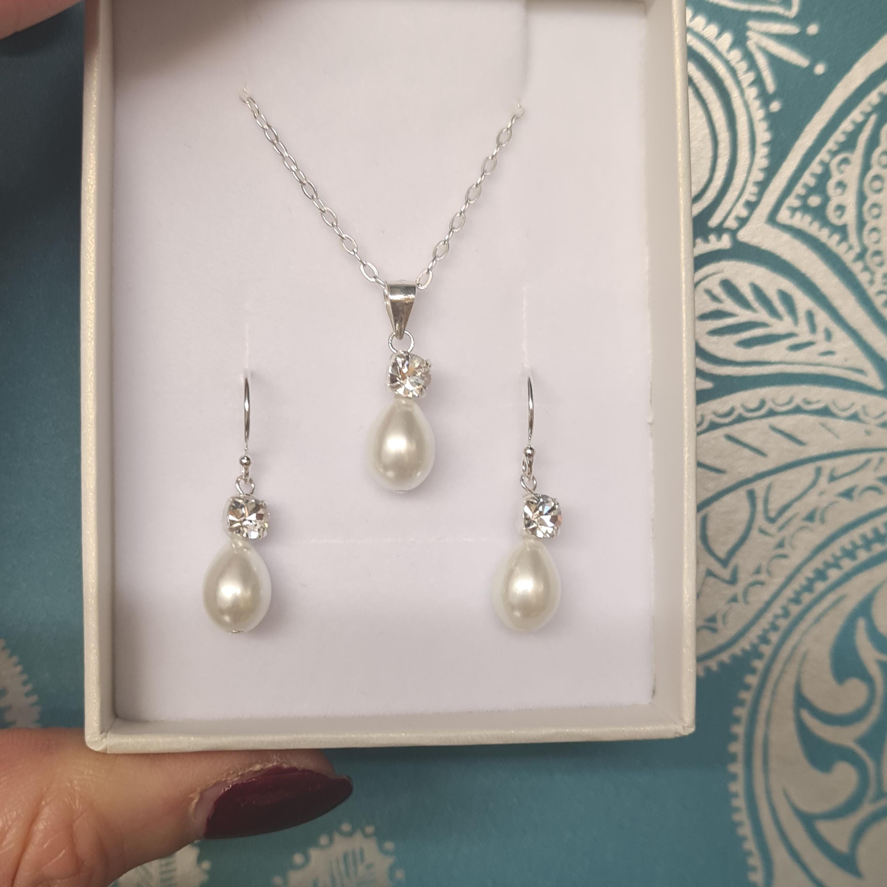 Pearl and Diamante Wedding Jewellery Set Sterling Silver Teardrop