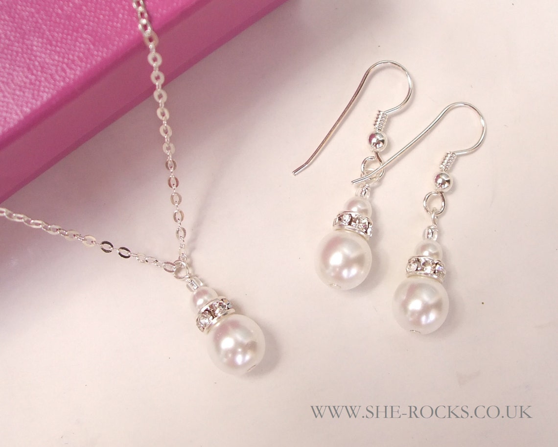 Pearl bridal jewellery set Sterling Silver pearl and diamante Etsy