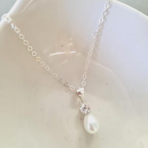 Sterling Silver Pearl and diamante necklace drop bridal necklace white pearl teardrop pendant bride necklace BRIDESMAIDs jewellery gift