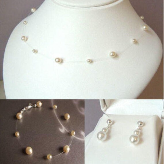 Simple Floating Pearls Illusion Necklace /& Stud Earrings Set Minimal Wedding Jewelry for women brides Pearl Jewelry Set for Bridesmaids