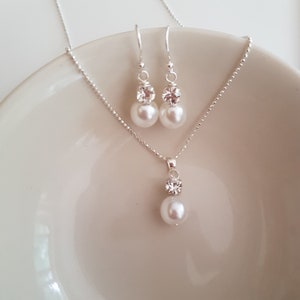 Pearl and diamante wedding jewellery set Sterling Silver pearl & rhinestone pendant bridal jewelry set necklace earrings bridesmaid gift image 7