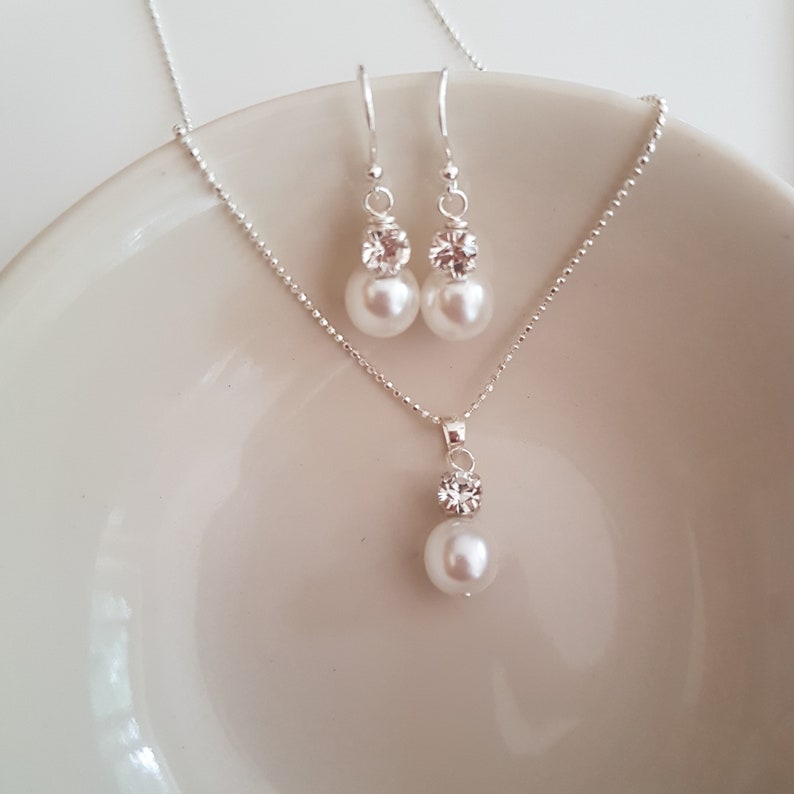 Pearl and diamante wedding jewellery set Sterling Silver pearl & rhinestone pendant bridal jewelry set necklace earrings bridesmaid gift image 7