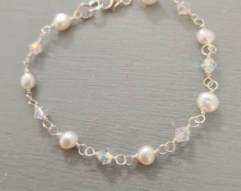 Freshwater pearl and crystal bracelet Sterling Silver Baroque Pearl bridal bracelet dainty wire wrapped real pearl wedding jewellery gift