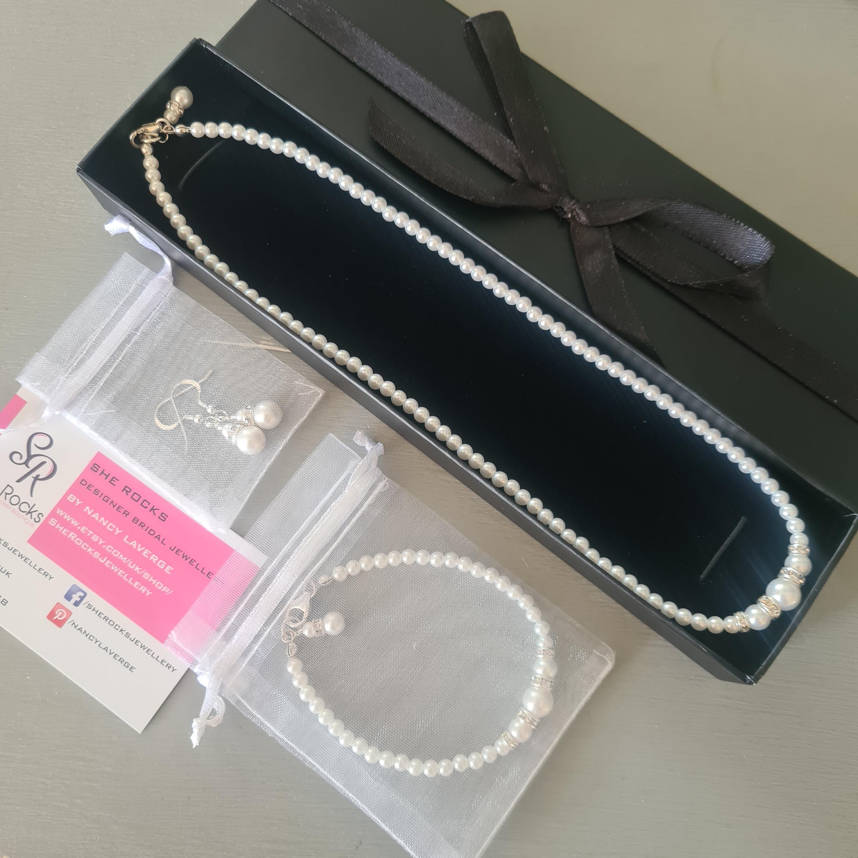Pearl and Diamante Bridal Jewellery Set Classic White Pearl