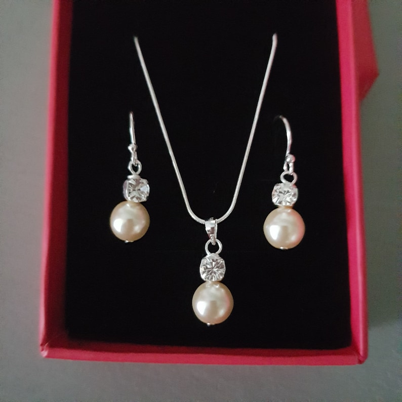 Pearl and diamante wedding jewellery set Sterling Silver pearl & rhinestone pendant bridal jewelry set necklace earrings bridesmaid gift image 6