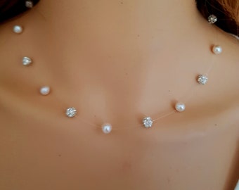 Freshwater pearl and diamante illusion necklace choker wedding necklace simple bridal necklace real pearl choker bridesmaid jewellery gift