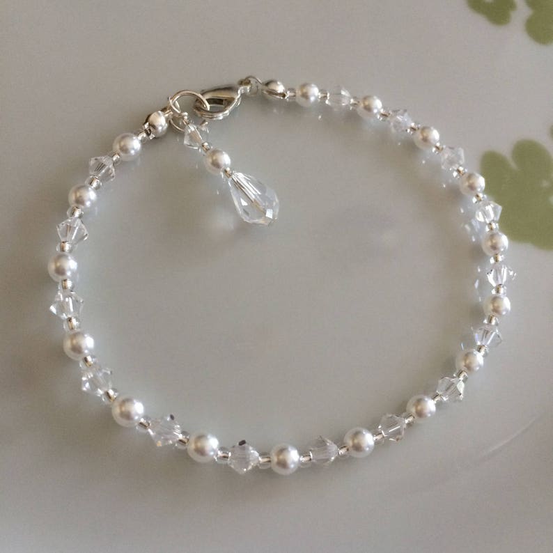 Crystal and pearl wedding bracelet Silver dainty clear or AB crystal and pearl bridal bracelet Preciosa wedding jewellery bridesmaid gift image 4