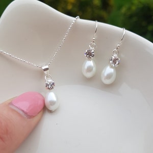 Pearl and diamante wedding jewellery set Sterling Silver teardrop pearl diamond pendant bridal jewelry set necklace earrings bridesmaid gift