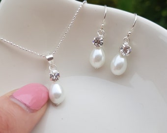 Pearl and diamante wedding jewellery set Sterling Silver teardrop pearl diamond pendant bridal jewelry set necklace earrings bridesmaid gift