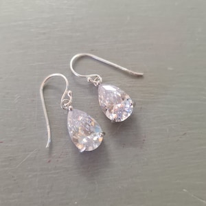 Small CZ diamond teardrop earrings Sterling Silver teardrop wedding earrings dainty crystal drop bridal earrings sparkly prom jewellery gift